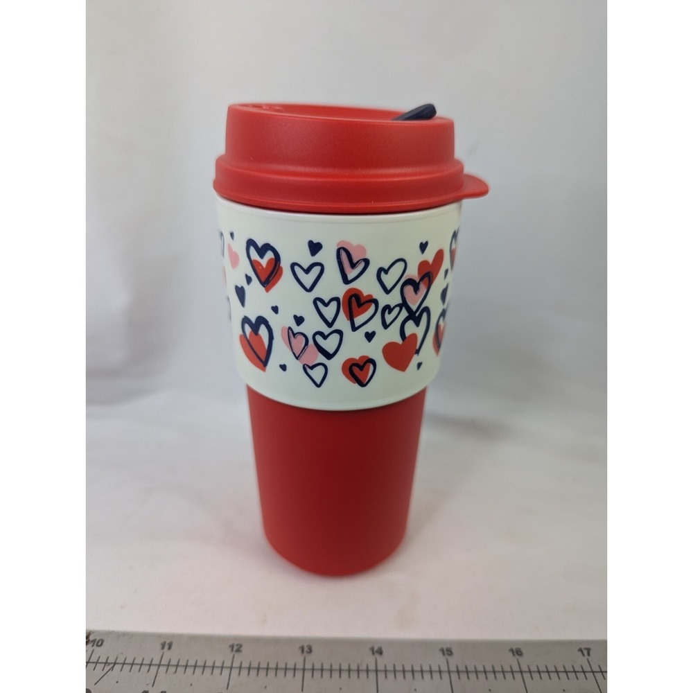 Tupperware Insulated Travel‎ Mug Eco To Go 16 oz Red Hearts Valentine